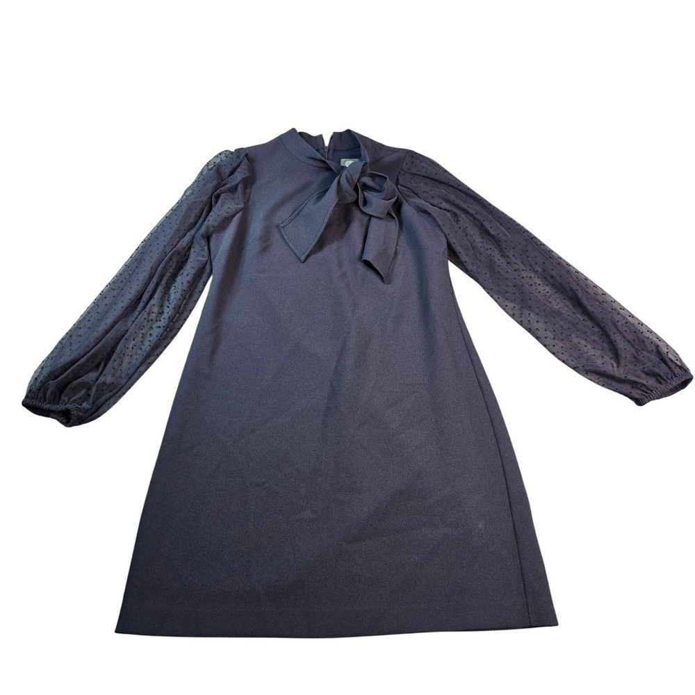 Vince Camuto Womens Navy Blue Tie Neck Dress Sheer Swiss Dot Balloon Sleeve Sz 8